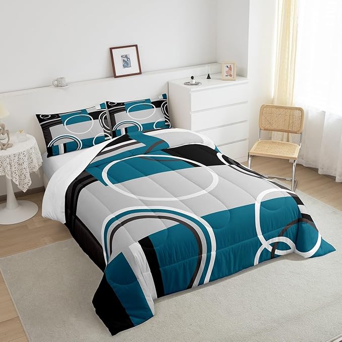 Erosebridal Modern Turquoise Decor Comforter Set Gray Black Blue Stripe Geometric Down Comforter Full Size Retro Circle Swirls Bedding Set Modern Abstract Texture Color Art Duvet Set