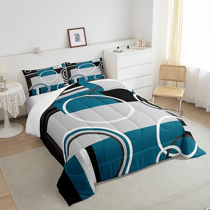 Erosebridal Modern Turquoise Decor Comforter Set Gray Black Blue Stripe Geometric Down Comforter Full Size Retro Circle Swirls Bedding Set Modern Abstract Texture Color Art Duvet Set