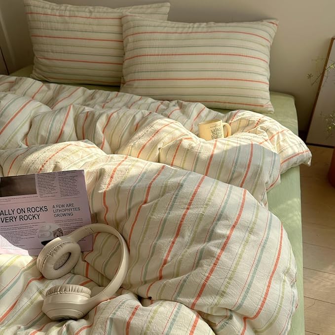 EAVD Retro Striped Duvet Cover Set King Size 100% Cotton Vintage 3-Pieces Stripes Bedding Set with 2 Pillowcases Farmhouse Geometric Comforter Cover with Zipper Closure(Orange&Blue&Green, King)