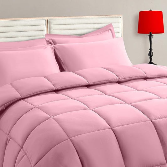 TAIMIT Pink King Size Comforter Set - 7 Pieces, Bed in a Bag Bedding Sets with All Season Soft Quilted Warm Fluffy Reversible Comforter,Flat Sheet,Fitted Sheet,2 Pillow Shams,2 Pillowcases