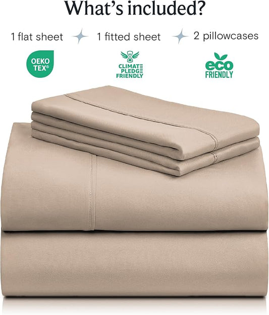 LuxClub 4 PC Queen Sheet Set, Breathable Luxury Bed Sheets, Deep Pockets 18" Wrinkle Free Cooling Sheets Machine Washable Hotel Bedding Silky Soft - Light Khaki Queen