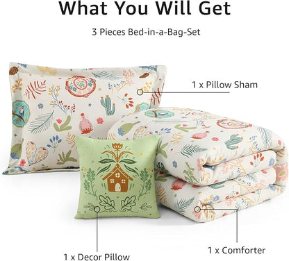 Twin Comforter Set for Girls-3 Pieces Forest Friends Twin Bedding Sets for Kids,1 Comforter,1 Sham and 1 Decor Pillow