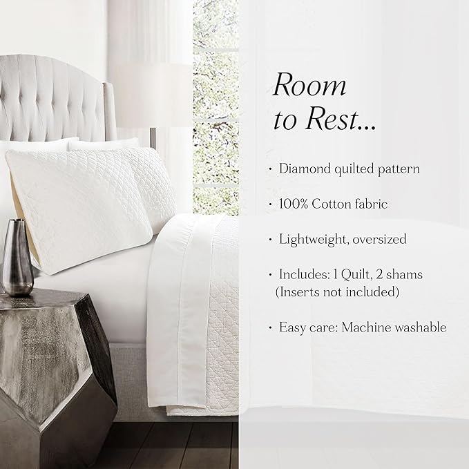 Lush Decor Ava Quilt Diamond Pattern Solid 3 Piece Oversized Bedding Blanket Bedspread Set - Full/Queen - Off-White
