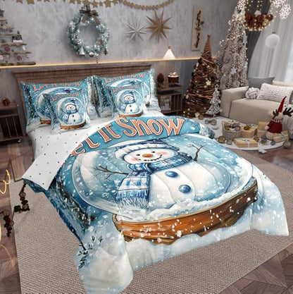Winter Snowman Comforter Set 7 Pieces,Merry Christmas Theme Bed Set,Snow Botanical Plants Bedding Bed in a Bag Soft,King (1 Comforter,2 Pillowcase,2 Pillow Covers,1 Flat Sheet,1 Fitted Sheet)