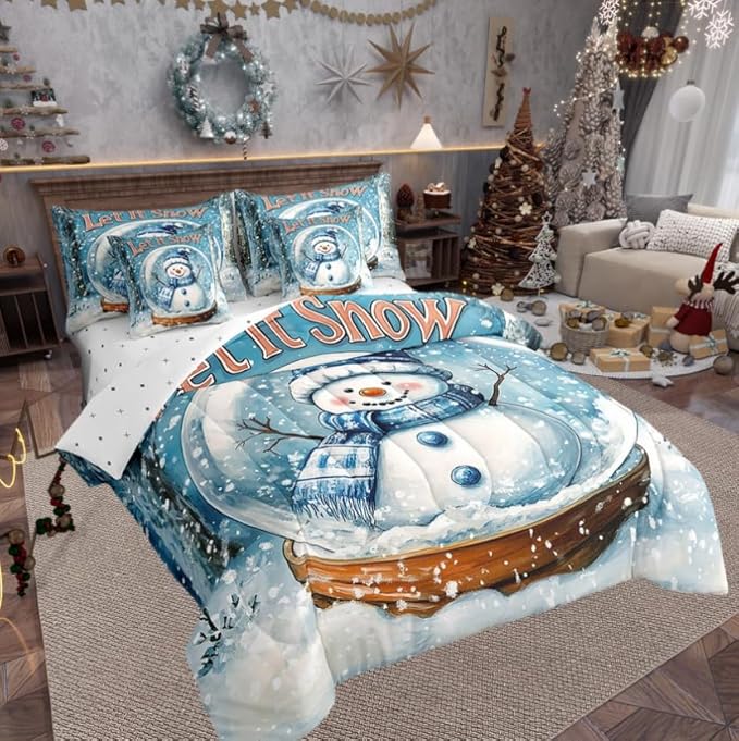 Winter Snowman Comforter Set 7 Pieces,Merry Christmas Theme Bed Set,Snow Botanical Plants Bedding Bed in a Bag Soft,Full (1 Comforter,2 Pillowcase,2 Pillow Covers,1 Flat Sheet,1 Fitted Sheet)