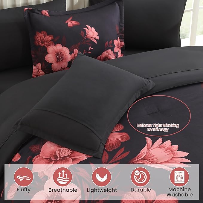 Floral Comforter Set Queen Size, 7 Piece Black Bed in a Bag, Elegant Flower Pattern Comforter Set with Sheet, Soft Microfiber Complete Bedding Sets for All Season