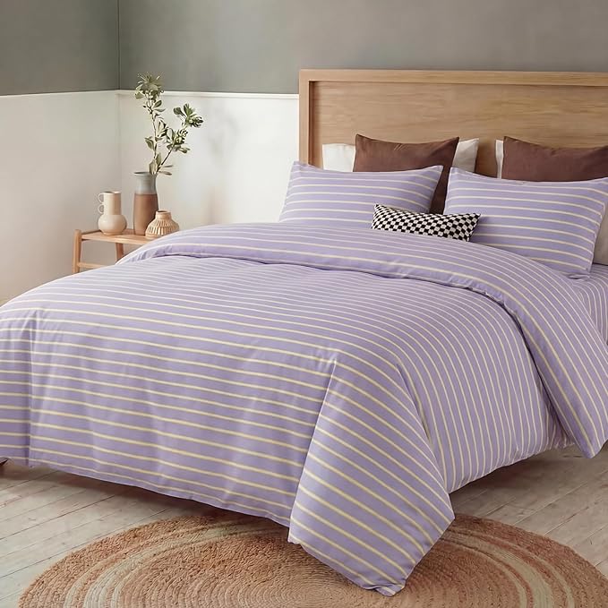 Bedbay Lavender Striped Duvet Cover Set Queen Size, 100% Cotton Sateen Bedding Set, Silky Soft Light & Fresh 3 Piece Duvet Cover for All Seasons