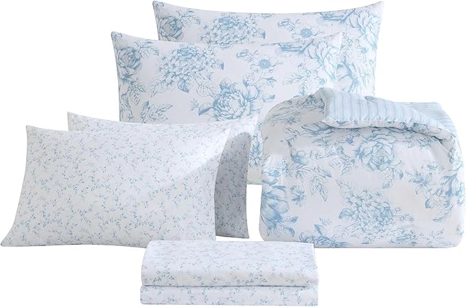 Laura Ashley - Queen Comforter Set, Soft & Reversible Floral Bedding with Bonus Bed Sheets & Pillowcases, 7 Piece Bed Set for Year Round Comfort (Delphine Saras/Sprig Blue)