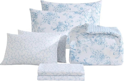 Laura Ashley - King Comforter Set, Soft & Reversible Floral Bedding with Bonus Bed Sheets & Pillowcases, 7 Piece Bed Set for Year Round Comfort (Delphine Saras/Sprig Blue)