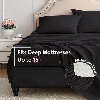 Full Size Bed Sheets Set, 4 Pieces Hotel Luxury Soft Microfiber Bed Sheets Set, Up to 16" Deep Pockets, Oeko-Tex Sheets with Elastic, Breathable, Wrinkle Free(Black,Full)