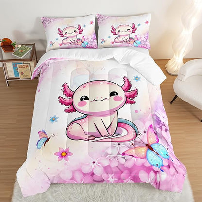 Cartoon Axolotl Comforter Kids Bedding Set,Axolotl Flower Butterfly Bedding Twin Size for Boys Girls Room Kawaii Decor,Pink Toddler Comforter Sets with 2 Pillowcases.