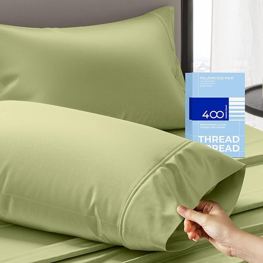 THREAD SPREAD 100% Cotton Pillow Cases Queen Size Set of 2 - Luxury 400 Thread Count Queen Pillow Cases (Sage Green), Soft Cooling Breathable Hotel Quality Cotton Pillowcases, Fits Standard Pillows
