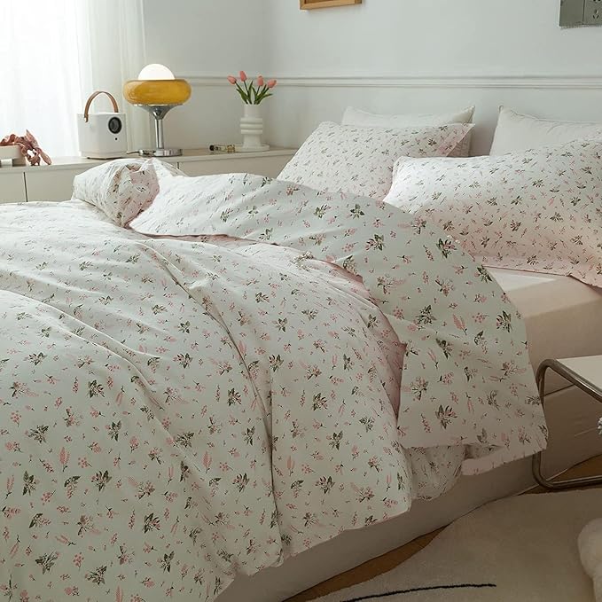HighBuy Floral Comforter Set Full Size White Pink Floral Bedding Comforter Sets Full Bed Bedding Sets Aesthetic Botanical Comforter Set Vintage