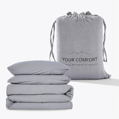 Gray Duvet Cover King, 100% Sandwashed Cotton Soft King Size Duvet Cover Set 3 Pieces with Zipper Clousre & Corner Buttons (Gray, King 104 x 90)