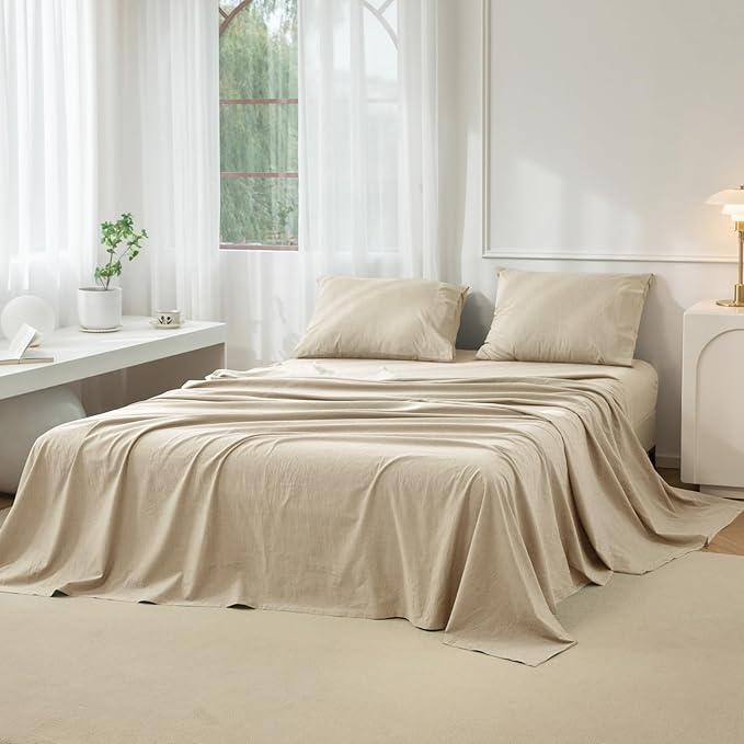 JIYUAN Queen Size Sheet Set, 4-Piece - 100% Washed Cotton, Linen-Like Soft & Breathable, Includes Deep Pocket Fitted & Flat Sheet with 2 Pillowcases, Hotel Quality, Heathered Tan