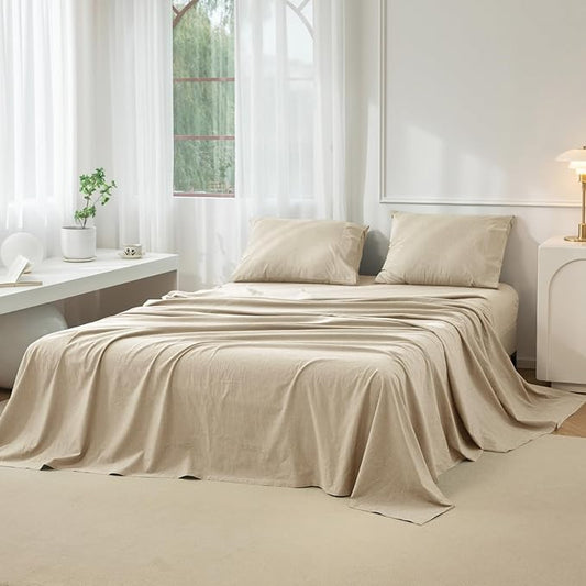 JIYUAN Queen Size Sheet Set, 4-Piece - 100% Washed Cotton, Linen-Like Soft & Breathable, Includes Deep Pocket Fitted & Flat Sheet with 2 Pillowcases, Hotel Quality, Heathered Tan