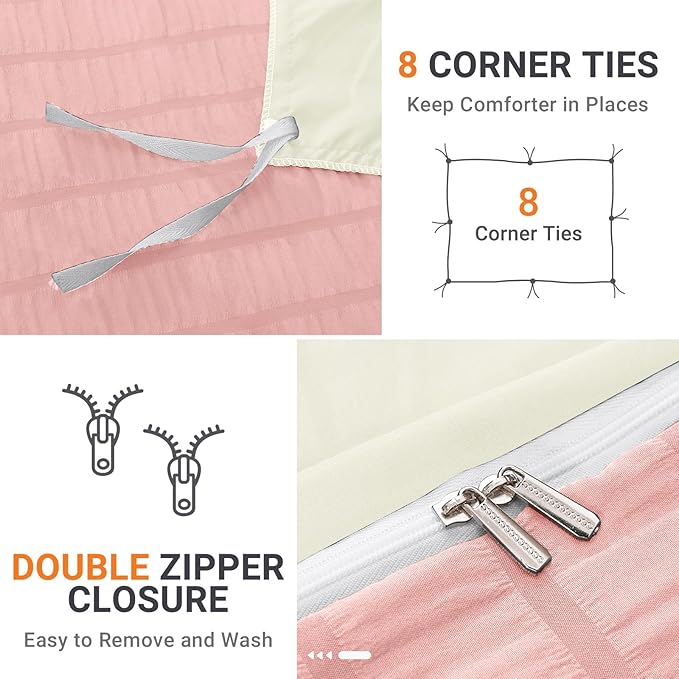HYMOKEGE Pink/Ivory Duvet Cover Full Size, Ultra Soft 3-Piece Seersucker Duvet Cover Set with Zipper Closure, Soft Brushed Microfiber Bedding Set with 8 Corner Ties (80"x90", 2 Pillowshams)