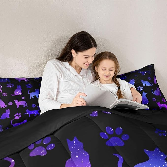Erosebridal Cat Comforter Set Queen Lovers Bedding Cats Cartoon Silhouette Purple Blue Reversible Black Ombre Down Neon Pets Animal Paw Print Galaxy Slitter Stars Quilt For Kids Boys Girls,Multi 361
