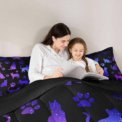 Erosebridal Cat Comforter Set Queen Lovers Bedding Cats Cartoon Silhouette Purple Blue Reversible Black Ombre Down Neon Pets Animal Paw Print Galaxy Slitter Stars Quilt For Kids Boys Girls,Multi 361