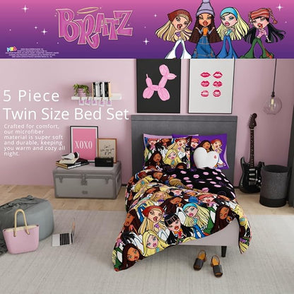 Bratz Fashion Bedding 5 Piece Super Soft Reversible Comforter and Sheet Set with Sham, Twin, (100% Official Licensed Product) by Franco