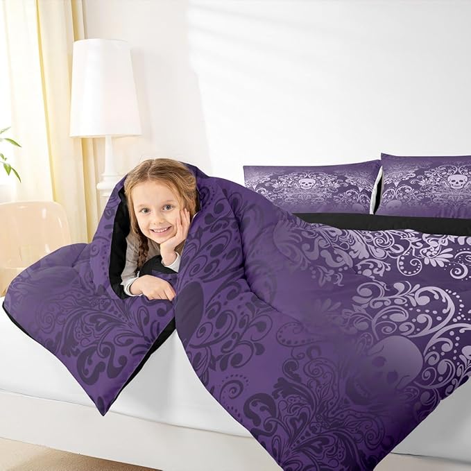 Feelyou Adults Gothic Skull Bedding Set King Size Kids Damask Print Comforter Goth Bohemian Duvet Breathable Soft Lightweight Microfiber Purple Room Decor with 2 Pillowcases