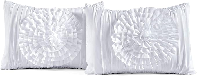 Lush Décor Serena 3 Piece Ruched Flower Comforter Set - White - Full/Queen