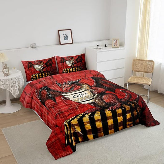 Feelyou Dragon Comforter Set King Size Dragon Stuff Comforter for Boys Girls Teens Wild Life Bedding Set Coffee Duvet Set Room Decor Red Quilt Set