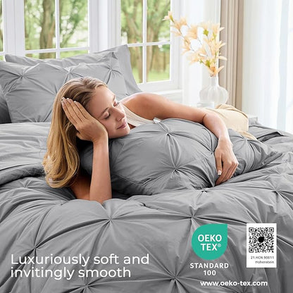 Sasttie Twin Comforter Set, 5-Piece Bed in a Bag, Pintuck Bedding Sets for All Season, Includes Comforter, Flat Sheet, Fitted Sheet, Pillowcase and Pillowsham, Light Grey