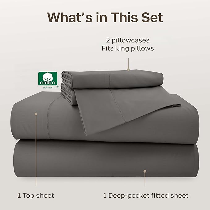 California Design Den Cotton King Sheets Set - 500 Thread Count Bed Sheet Set, Luxury Finish Sateen Weave, Soft Bedding for Premium Comfort, Deep Pocket Fits Mattresses Upto 16" - Dark Grey