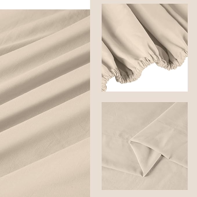 ROSE&RISY Sand Queen Sheet Set, Pre-Washed Cotton-Like Brushed Microfiber, 4 Pieces Super Soft Bed Sets, Breathable Cooling Deep Pockets, Includes 1 Fitted, 1 Flat, 2 Pillowcases (Sand, Queen)