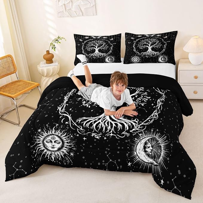 Feelyou Sun and Moon Comforter Bohemian Tree Butterfly Style Bedding Set Psychedelic Hippie Comforter Set for Boys Girls Children Teens Bedroom Decor Galaxy Astrology Duvet Set Queen Size