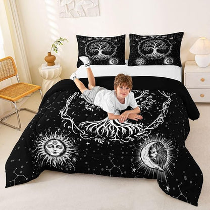 Feelyou Sun and Moon Comforter Bohemian Tree Butterfly Style Bedding Set Psychedelic Hippie Comforter Set for Boys Girls Children Teens Bedroom Decor Galaxy Astrology Duvet Set King Size