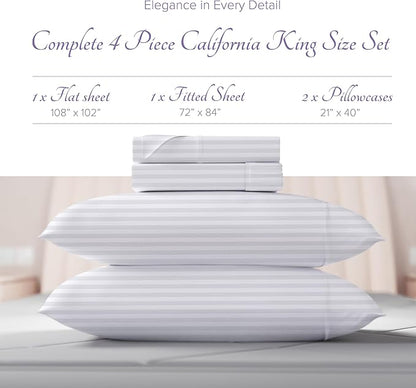 Carressa Linen 100% Egyptian Cotton California King Size Sheet Set - Striped 600 Thread Count Cal King Sheets (White), Silky Soft, Cooling, Sateen Weave 16" Deep Pocket Damask Hotel Quality Sheet