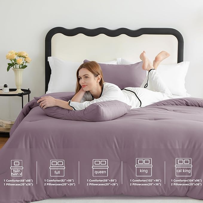 CozyLux California King Comforter Set Dusty Purple, 3 Pieces Cal King Solid Breathable Bedding Sets, Grayish Purple Luxury Soft Lightweight Bed Set with Down Alternative Comforter and 2 Pillowcases