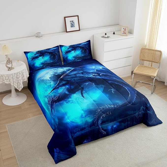 Dragon Moon Comforter Set King Size,Wildlife Magical Dinosaur Bedding Set for Kids Boys Girls Room Decor,3D Blue Dragon Printed Duvet Insert 3Pcs,Microfiber Soft Trippy Quilt Set,2 Pillowcases