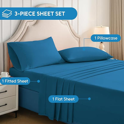 Twin Sheets Set, 3 Pieces Hotel Luxury Soft Microfiber Bed Sheets Set, Up to 16" Deep Pockets, Oeko-Tex Sheets with Elastic, Breathable, Wrinkle Free (Peacock Blue,Twin)
