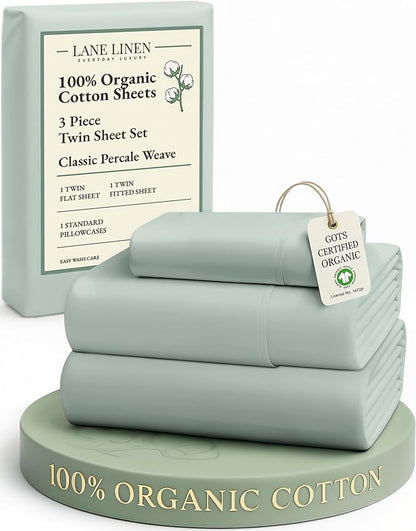 LANE LINEN 100% Organic Cotton Twin Bed Sheet Set, Soft & Comfy Low Pill Fade Resistant Machine Wash Reinforsed French Seam Sustainably Produced Eco Friendly Sábanas Twin- Cool Blue
