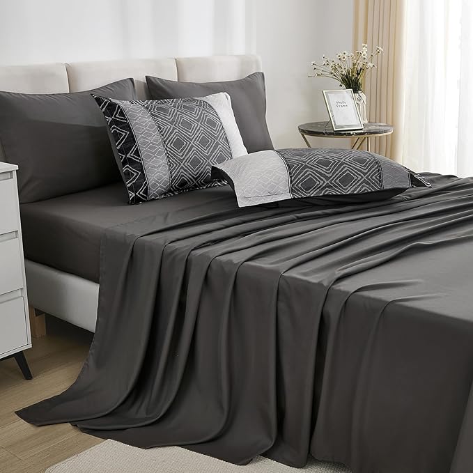 California King Comforter Set Size, Black Gray Striped Cali King Bed Set Fall Bedding Sets for Men,7 Pieces Boho Bed in a Bag Comforters with Sheets Dark Grey for All Season