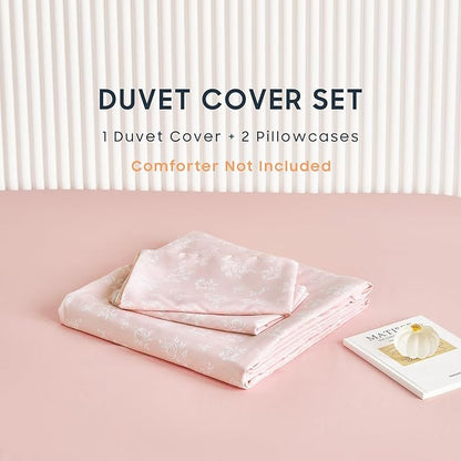 Wake In Cloud - Coquette Duvet Cover Set, Floral Cottagecore Flower Shabby Chic Cute Aesthetic, Soft Lightweight Bedding for Women Teen Girls, 3-Piece, Light Pink, Full Size