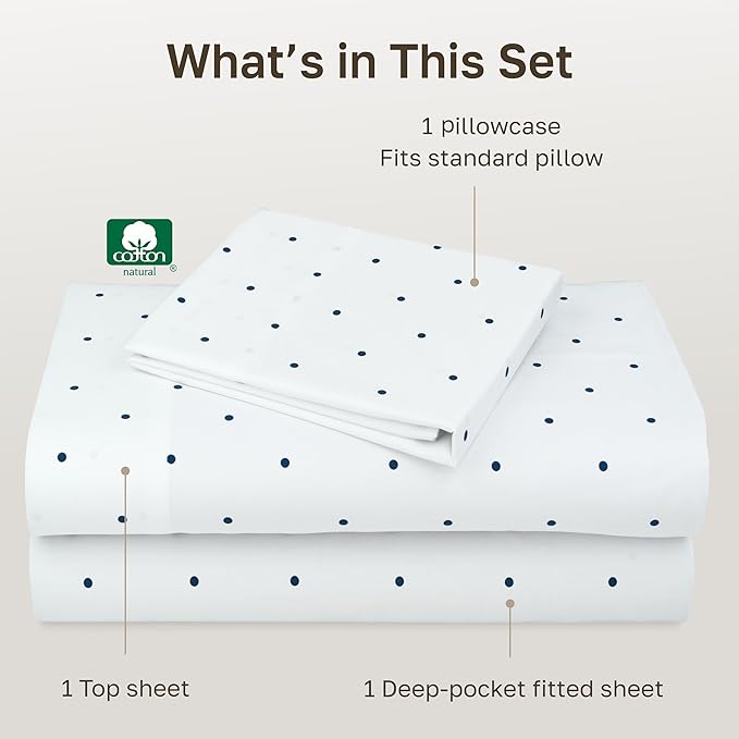 California Design Den Deep Pocket Twin Sheets Set - 400 Thread Count Sateen, Natural 100% Cotton Sheets, and Durable Bedding Set - Polka Dot