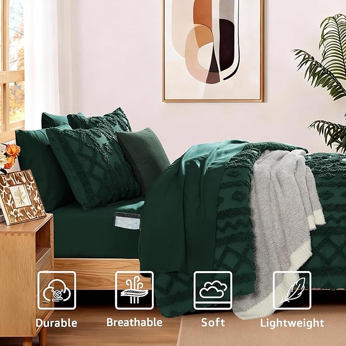 WRENSONGE Full Size Comforter Set with Sheets - 7 Pieces Emerald Green Tufted Bed in a Bag Full Shabby Chic Bedding Sets with 1 Comforter, 2 Sheets, 2 Pillowcases & 2 Shams