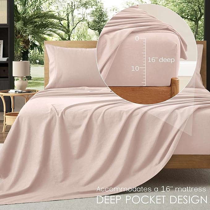 3Pcs Organic Linen Sheets Twin Size, 100% French Linen from Normandy, Breathable Pink Twin Sheet Set with 16 Inch Deep Pocket, 1 Flat Sheet, 1 Fitted Sheet, 1 Pillowcases