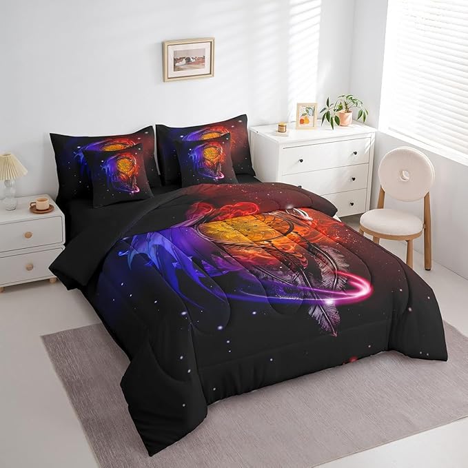 Erosebridal Gothic Dragon Dream Catchers Comforter Set 7 Piece Bed in a Bag Twin,Red Blue Galaxy Bohemian Feather Bedding Sets Antique Animal Pterosaur Sheet Set with Comforter