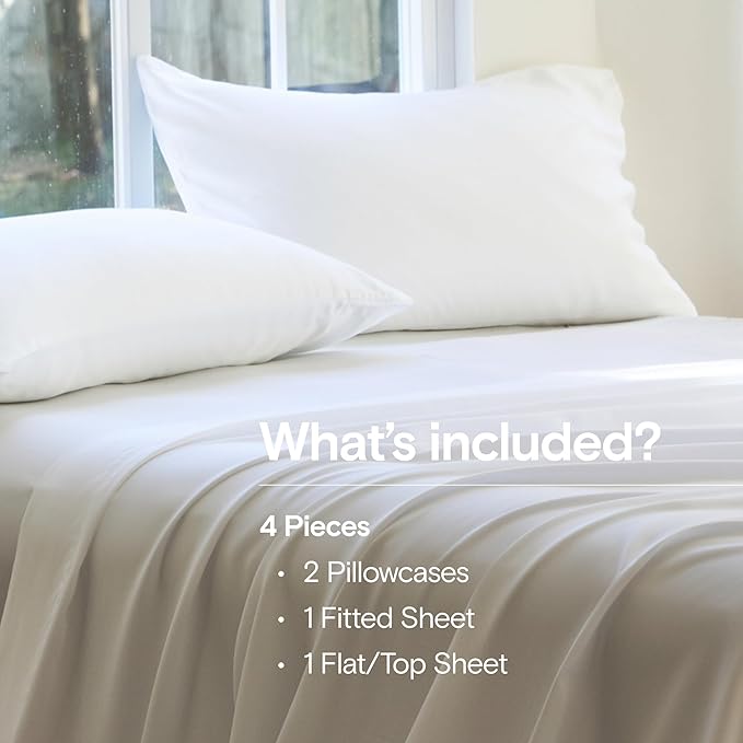 DOZ Sheet Set, 100% Viscose derived from Bamboo, Organically Grown, Buttery Soft, Cooling Sheets, High GSM, Deep Pockets - 4 Piece - 2 Pillowcases 1 Fitted 1 Top Sheet (Snow, Queen)