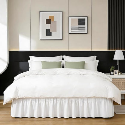 RIMELA Warm White Bed Skirt King Size 15 Inch Drop, Wrap Around Elastic Adjustable Bedskirt, Bed skirting Dust Ruffle for Bed Frame & Box Spring Soft Durable Fabric Machine Washable Easy to Install