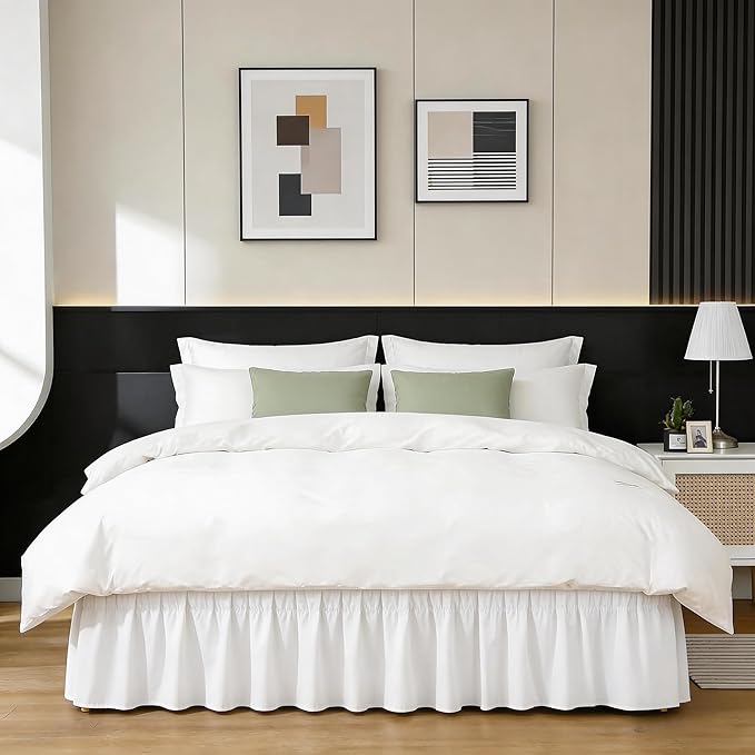 RIMELA White Bed Skirt Queen Size 12 Inch Drop, Wrap Around Elastic Adjustable Bedskirt, Bed skirting Dust Ruffle for Bed Frame & Box Spring Soft Durable Fabric Machine Washable Easy to Install