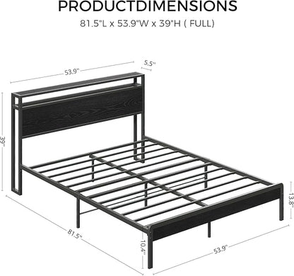 LIKIMIO Full Bed Frame with Headboard, Dark Wood Camas Full with Strong Supports, Sturdy, Noise-Free, No Box Spring Needed, Black
