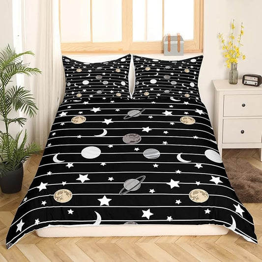 Cartoon Planet Bedding Set Starry Galaxy Duvet Cover Set Moon Night Comforter Cover Set Black White Lines Bedspread Cover Bedroom Quilt Cover 3Pcs King with 2 Pillowcase,No Comforter