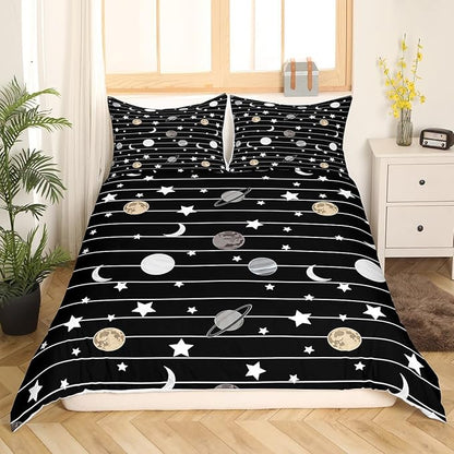 Cartoon Planet Bedding Set Starry Galaxy Duvet Cover Set Moon Night Comforter Cover Set Black White Lines Bedspread Cover Bedroom Quilt Cover 3Pcs Full with 2 Pillowcase,No Comforter