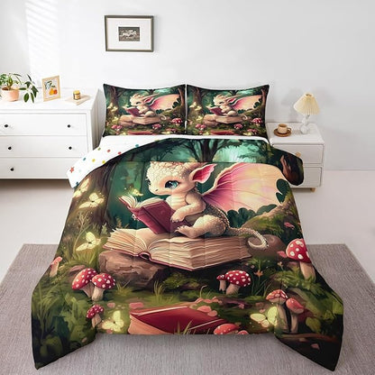 Magical Dragon Wildlife Comforter Set Twin Size Childlike Fairy Tale Bedding Set Kids Bedroom Decor Cute Jungle Mushroom All Season Quilt Set Sparkling Butterfly Bedding Comforter Sets,2Pcs